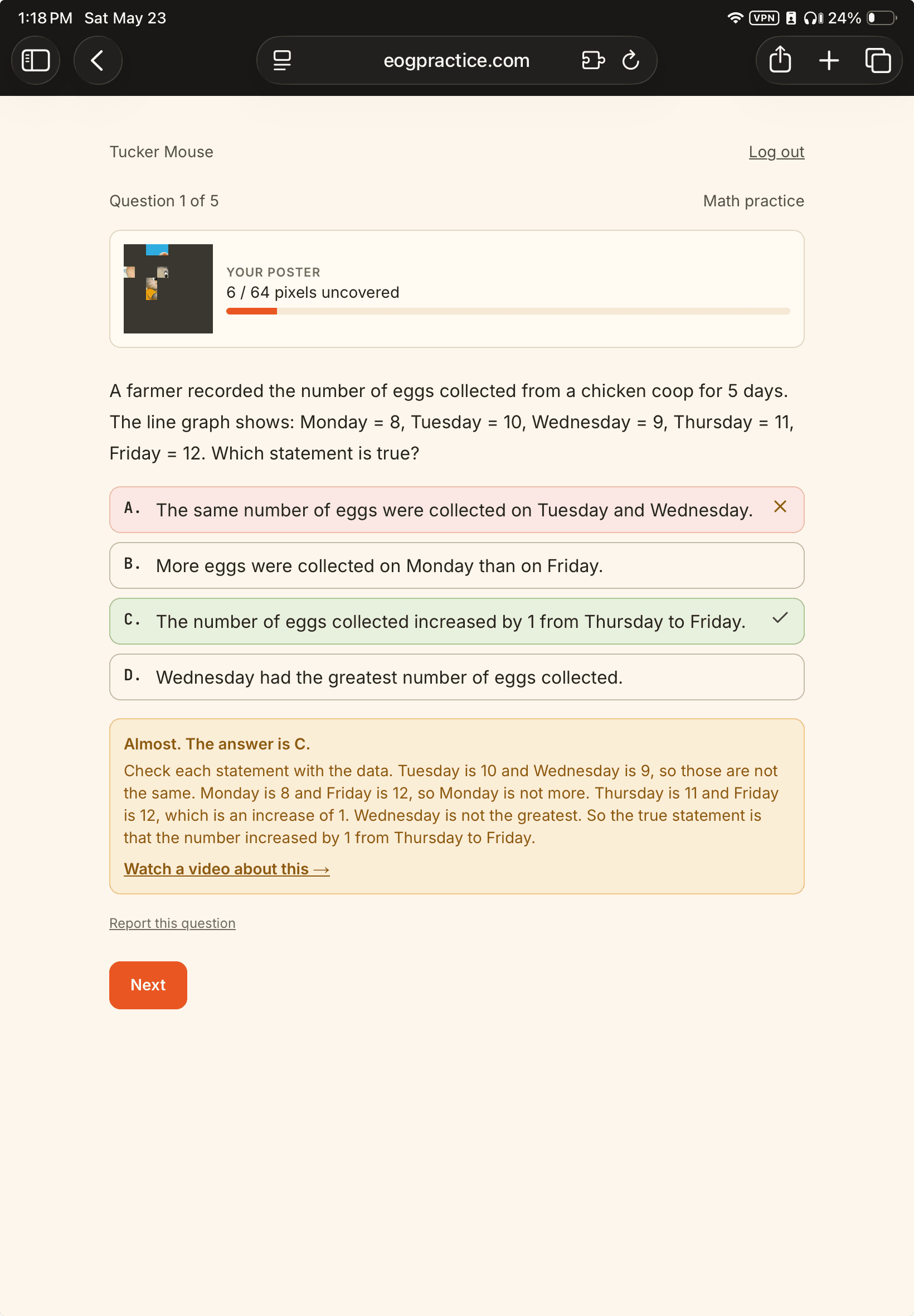 Math practice question on an iPad with the poster reveal and answer choices