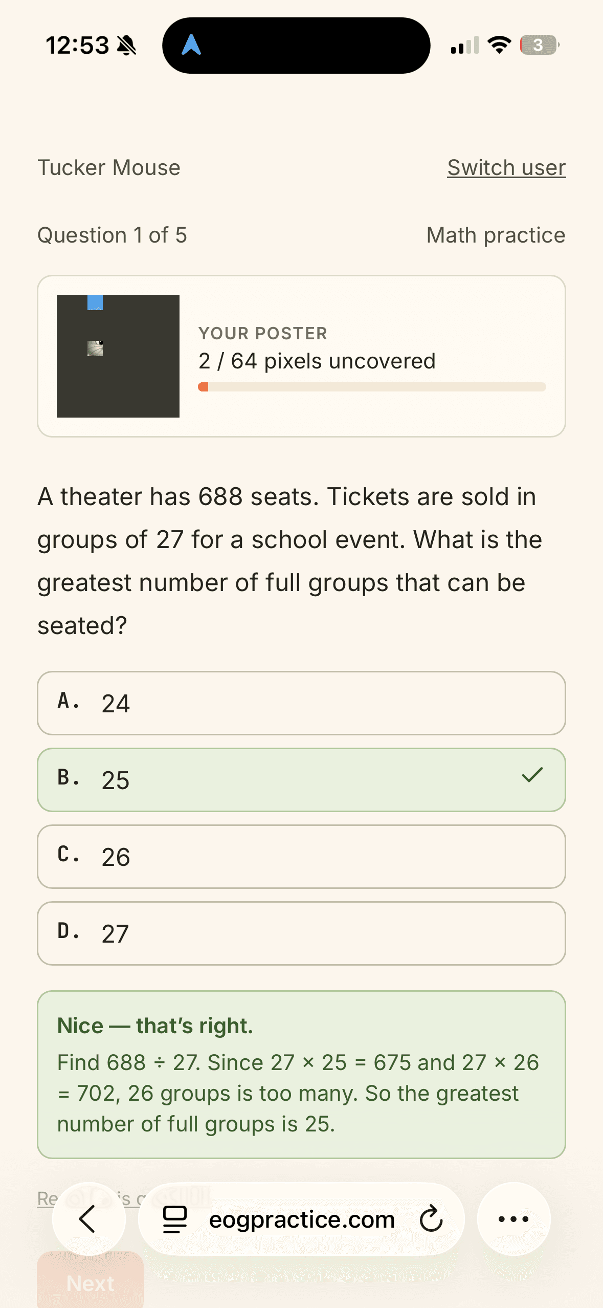 Math practice question on an iPhone with a poster reveal at the top