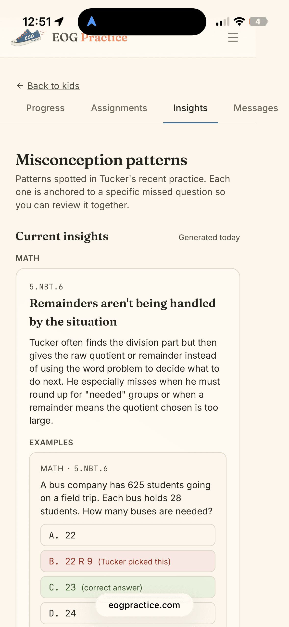 Parent dashboard showing a misconception pattern with a worked example