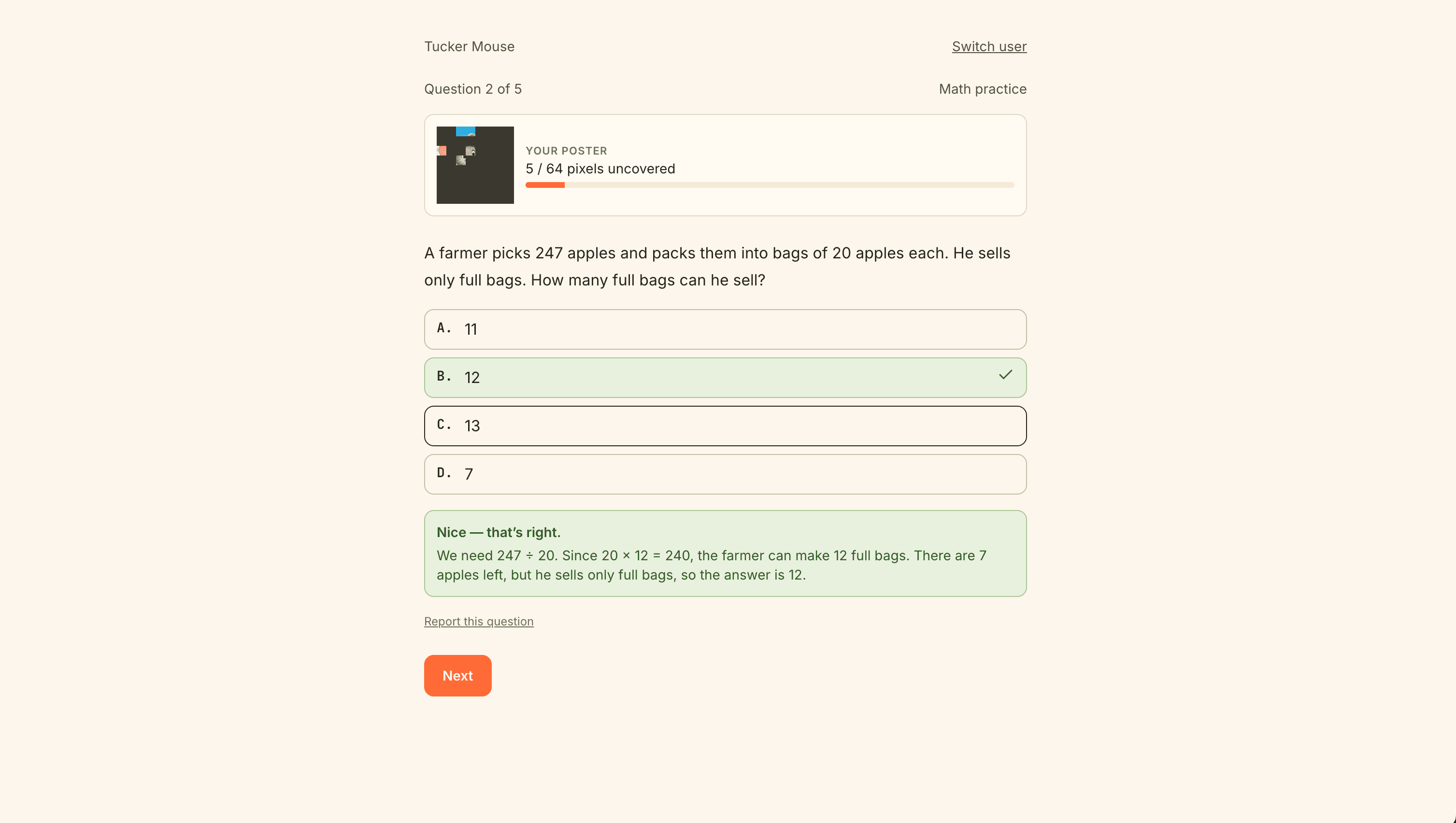 Math practice question on a laptop showing the poster reveal and four answer choices